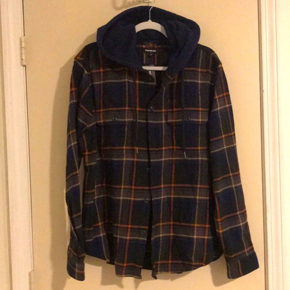 EXPRESS PLAID BUTTON DOWN HOODIE - Picture 1 of 7